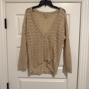 Beige Open-Knit V-Neck Button Cardigan